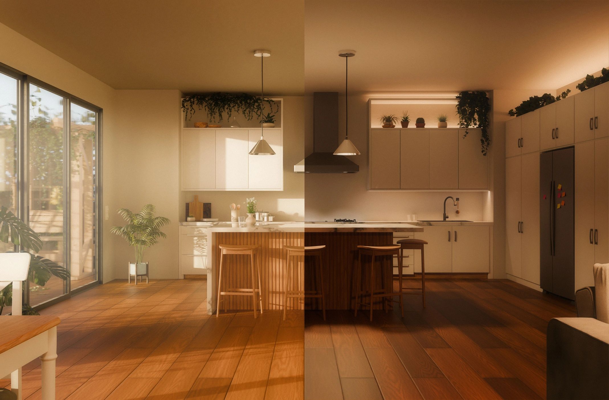 Kitchen with island and pendant lighting