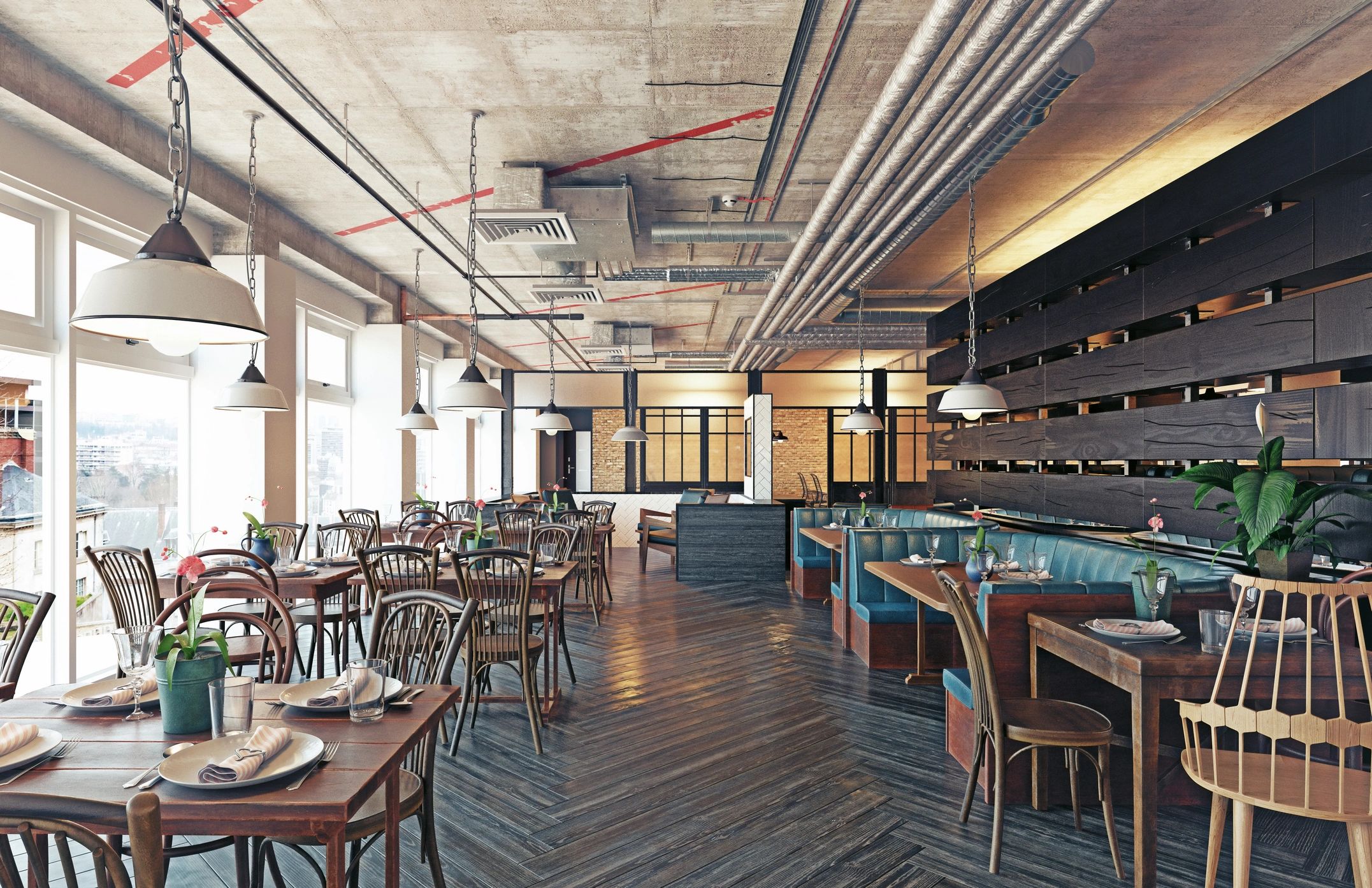 Placeholder image of a warm restaurant interior with custom wood millwork