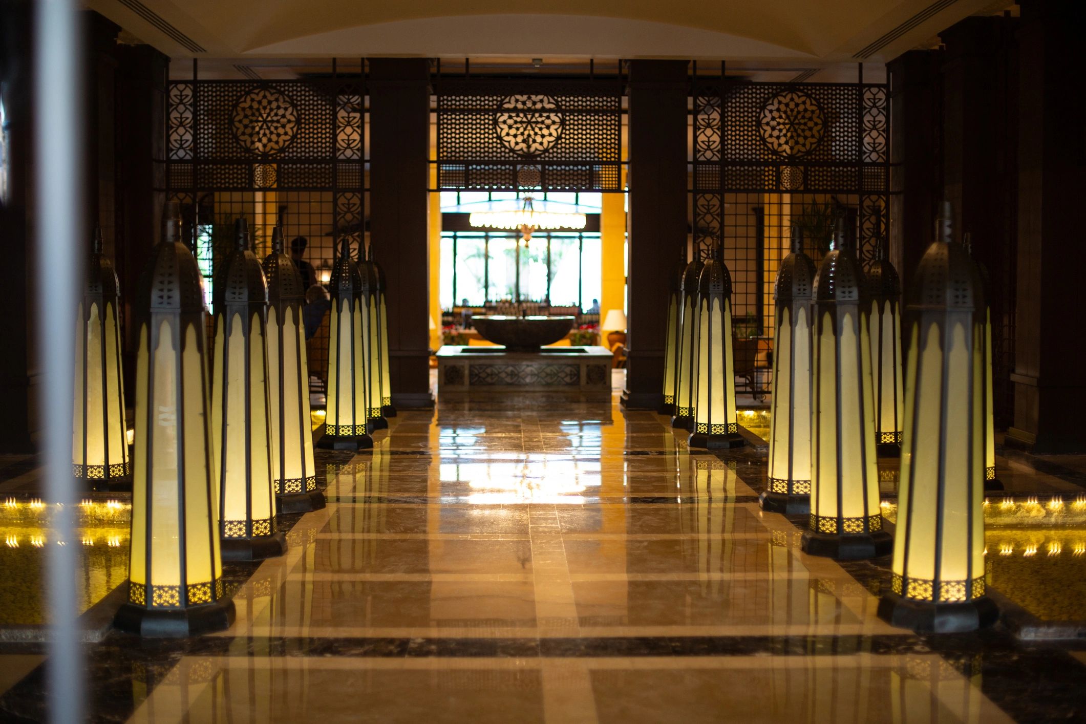 Luxury hotel lobby with lanterns