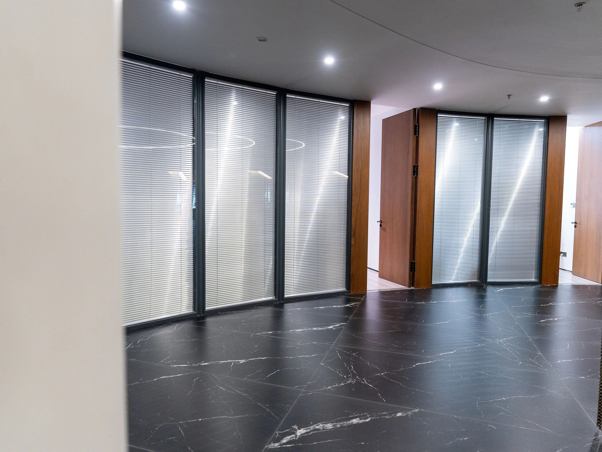 Office corridor with wood accents